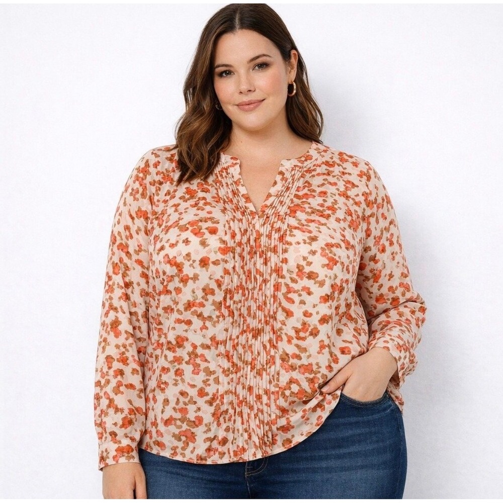 Talbots Woman 3X Orange Abstract Floral Pintuck Split Neck Blouse Long Sleeve